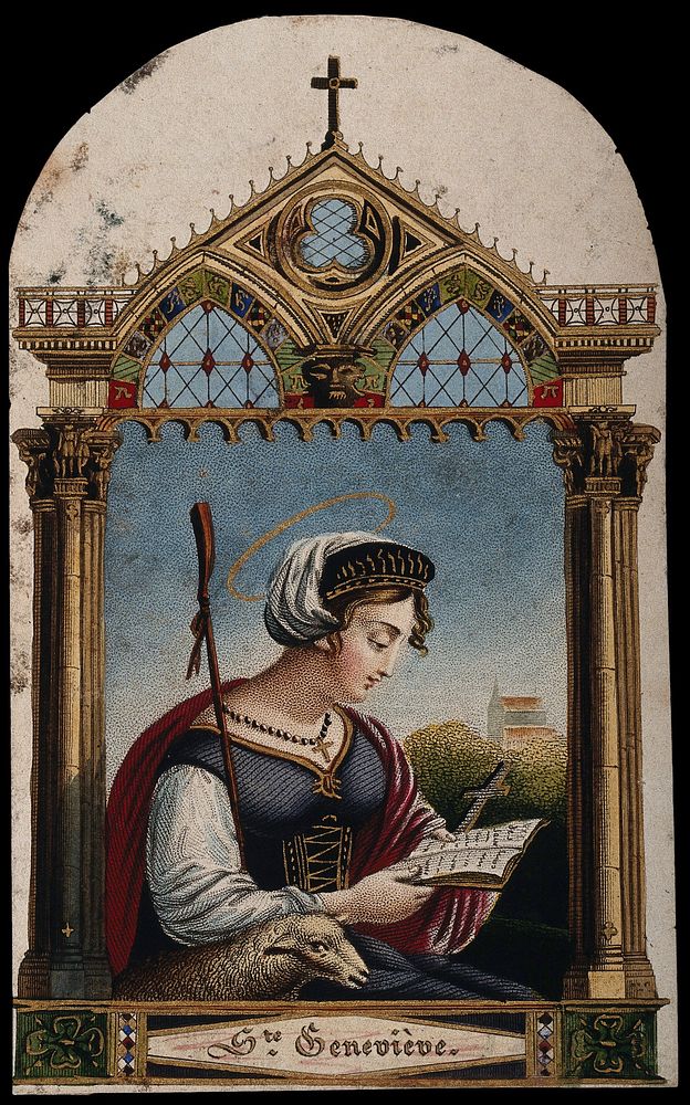 Saint Geneviève seated under a Gothic canopy, holding the Bible; a lamb at her side; a church in the background. Coloured…