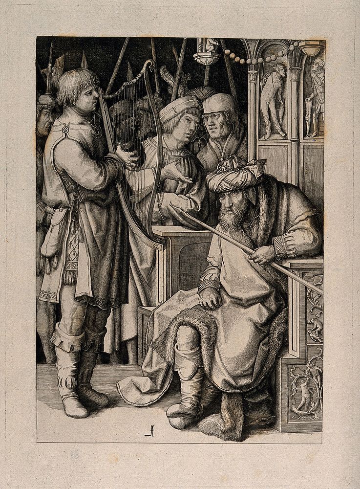 David playing his harp for a disgruntled Saul in front of a crowd of courtiers and soldiers. Engraving after L. van Leyden…