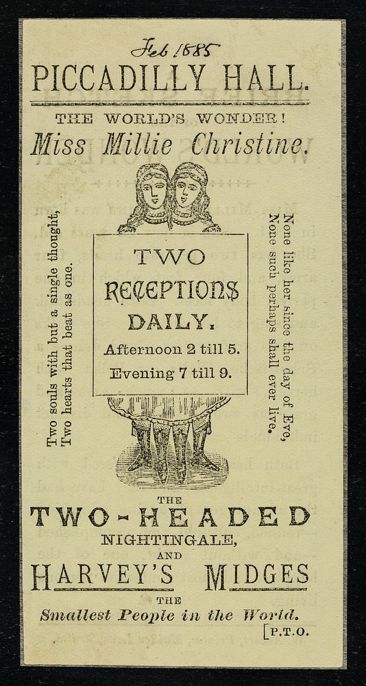 [Small handbill advertising Millie Christine, the Two-Headed Nightingale, and Harvey's Midges (smallest people in the…