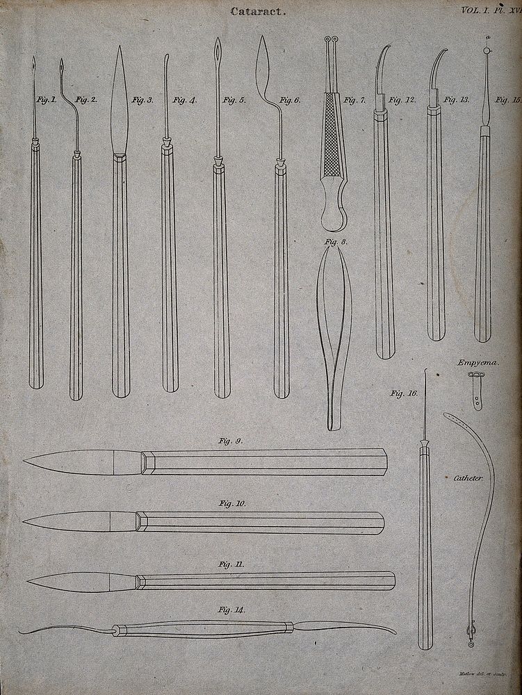 Surgical instruments for the operation of cataracts, including a catheter and a empyema. Engraving by Mutlow.