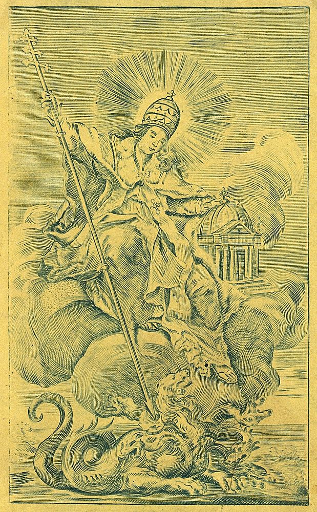 A pope with a model of St Peter's enthroned on clouds, threatening a dragon with a spear; representing the Roman Catholic…