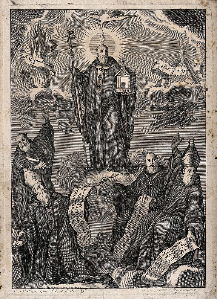 Saint Basil the Great, praised by four clerical saints. Engraving by J.F. Palomino.