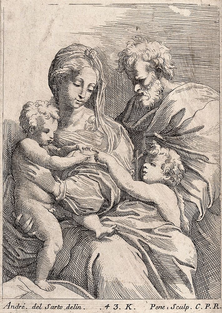 Saint Mary (the Blessed Virgin) and Saint Joseph with the Christ Child and Saint John the Baptist. Etching by J. Pesne after…