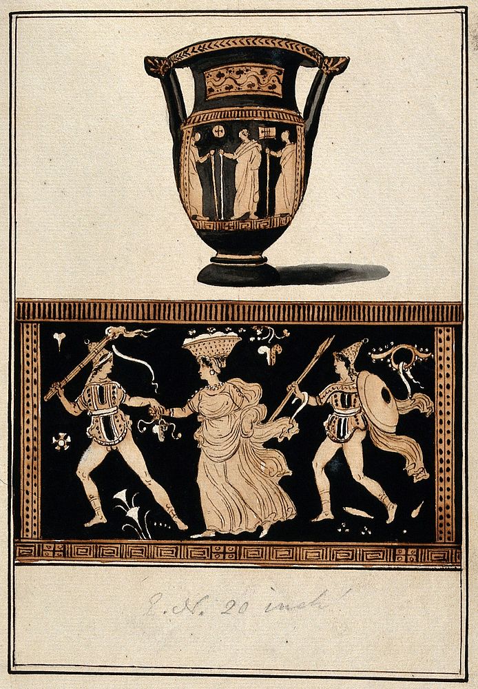 Above, red-figured Greek wine bowl (column krater); below, detail showing a man with a torch holding the hand of a woman…