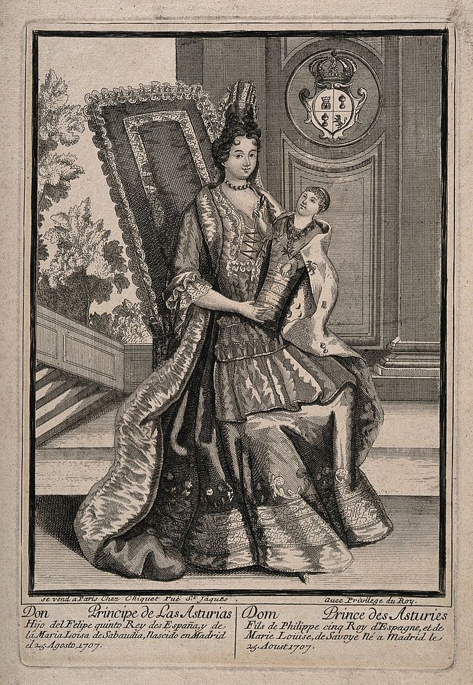 The new born son of Philip V of Spain being held by his mother Marie Louise of Savoy, born Madrid 25 August 1707. Engraving…