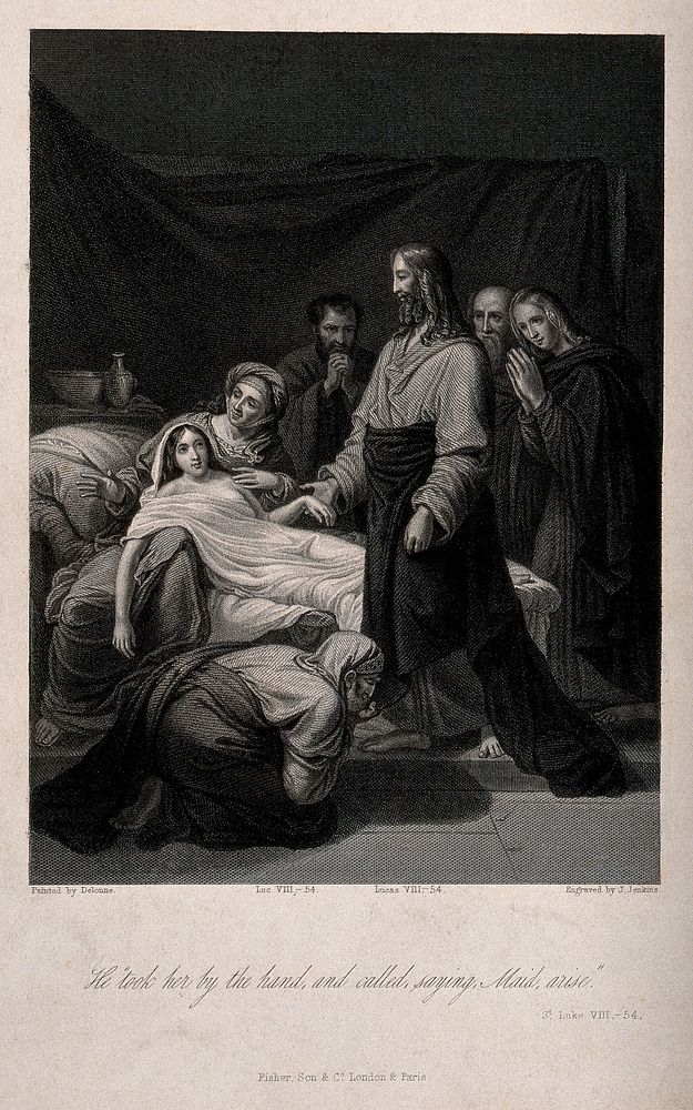 Christ raises Jairus' daughter; Jairus kisses Christ's foot. Stipple engraving by J. Jenkins after Delonne.