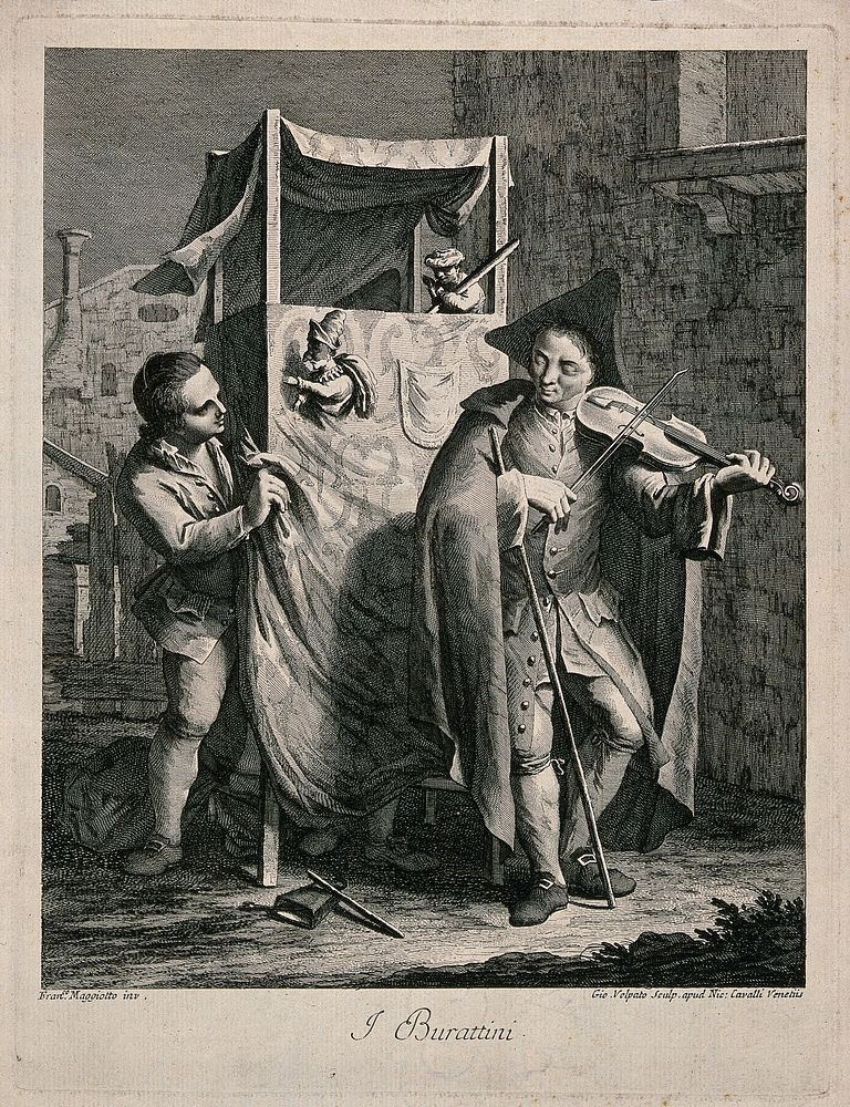 A young man plays a violin in front of a Punch and Judy stand with the puppeteer nearby. Engraving by Giovanni Volpato after…