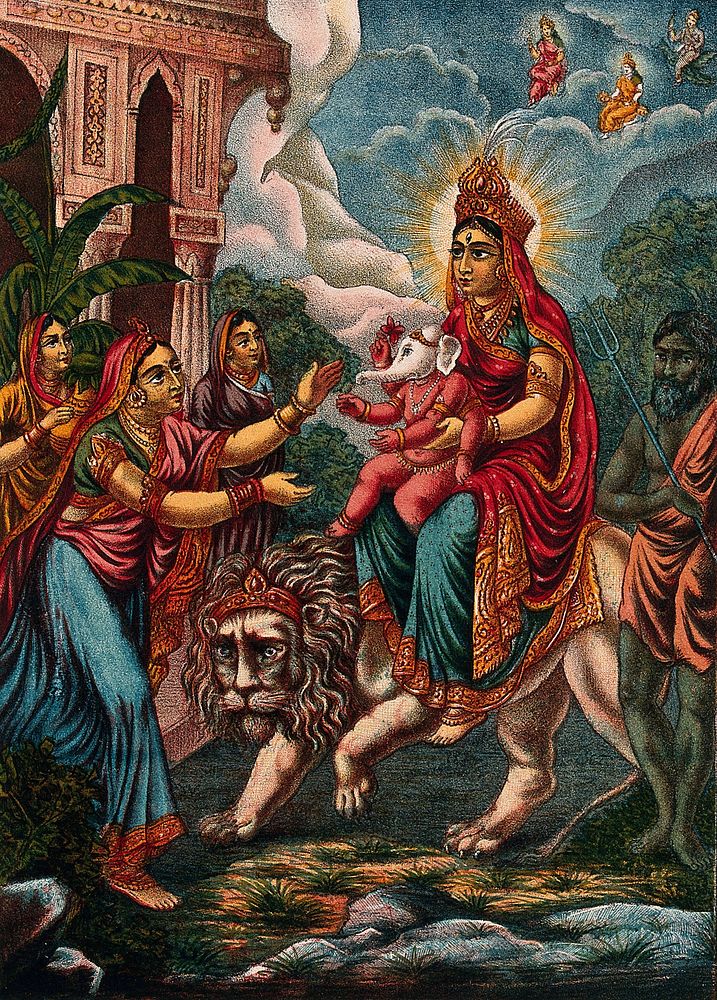 A goddess probably Parvati as Durga riding on a lion presenting an infant Ganesha to a woman. Chromolithograph.