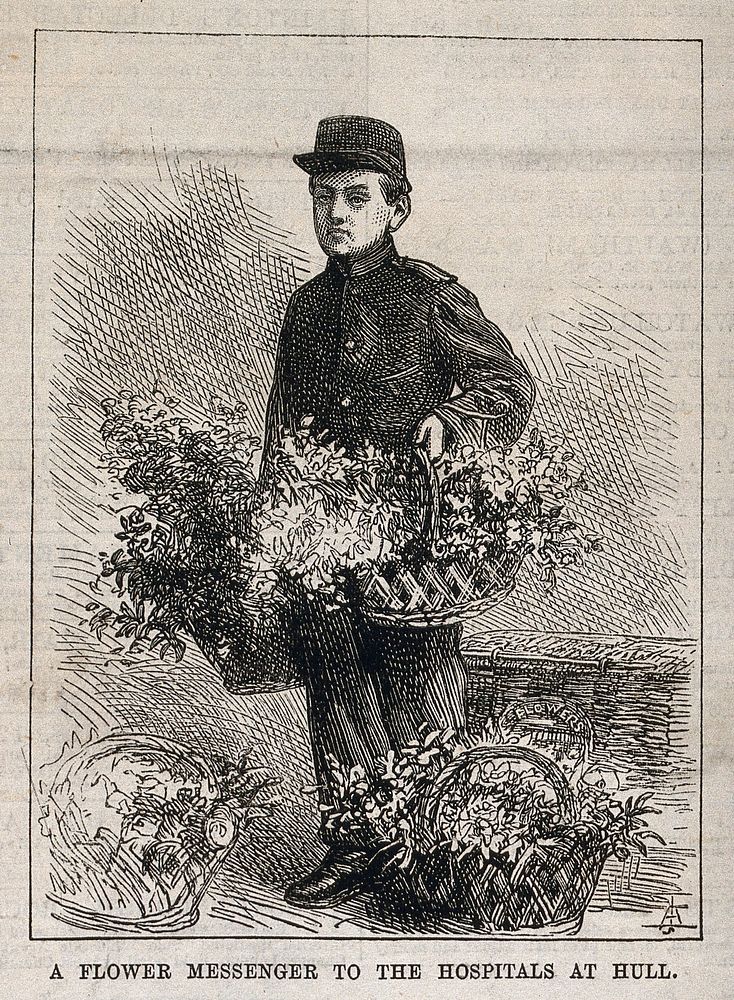 A flower boy at Hull Hospitals, Hull, Yorkshire. Wood engraving.