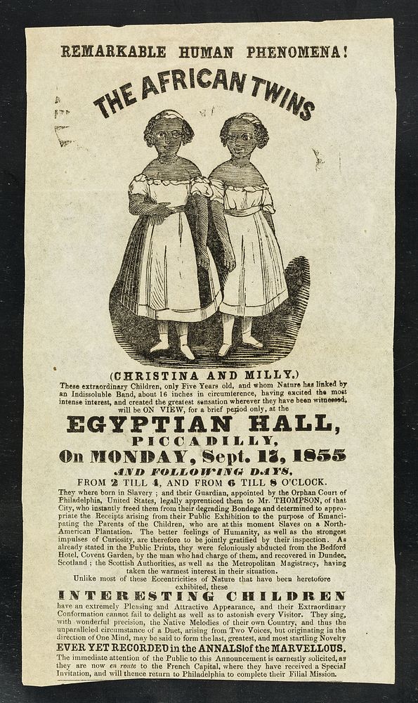[Illustrated handbill advertising an appearance of Christina and Millie McCoy, 'The African Twins' (or Two-Headed…