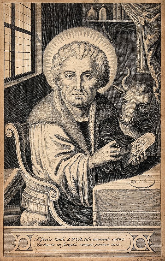 Saint Luke, painting a picture of the Virgin. Engraving by G. van Gucht after P. de Jode.