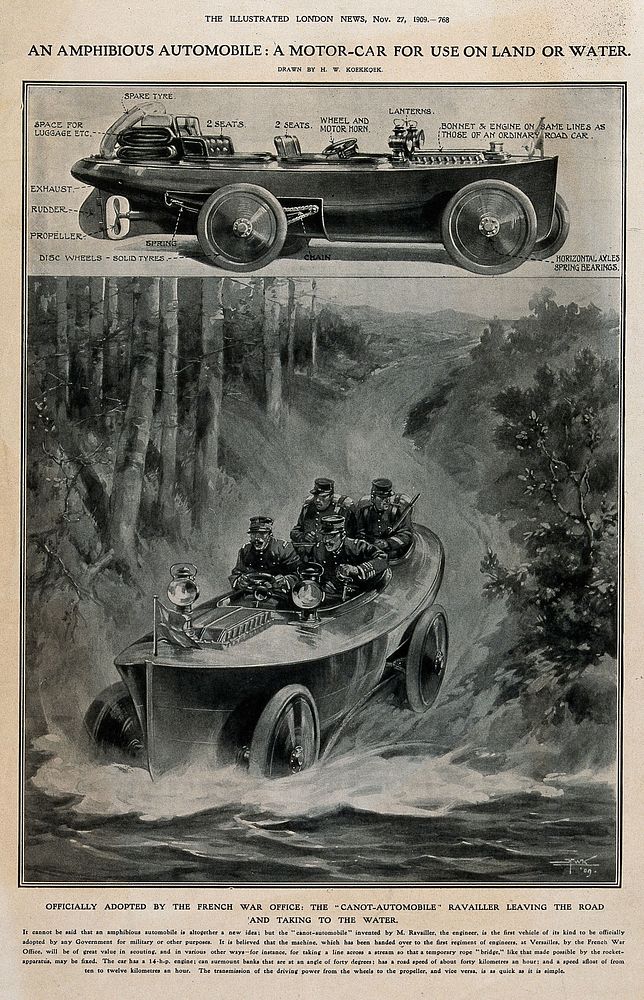 An amphibious car carrying soldiers is being driven from the road into the water. Process print after H.W. Koekkoek, 1909.