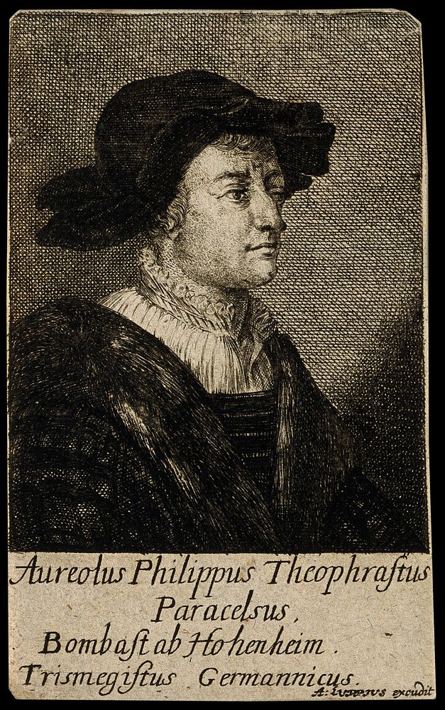 A man designated as Aureolus Theophrastus Bombastus von Hohenheim [Paracelsus]. Etching by A. Luppius after H. Holbein.