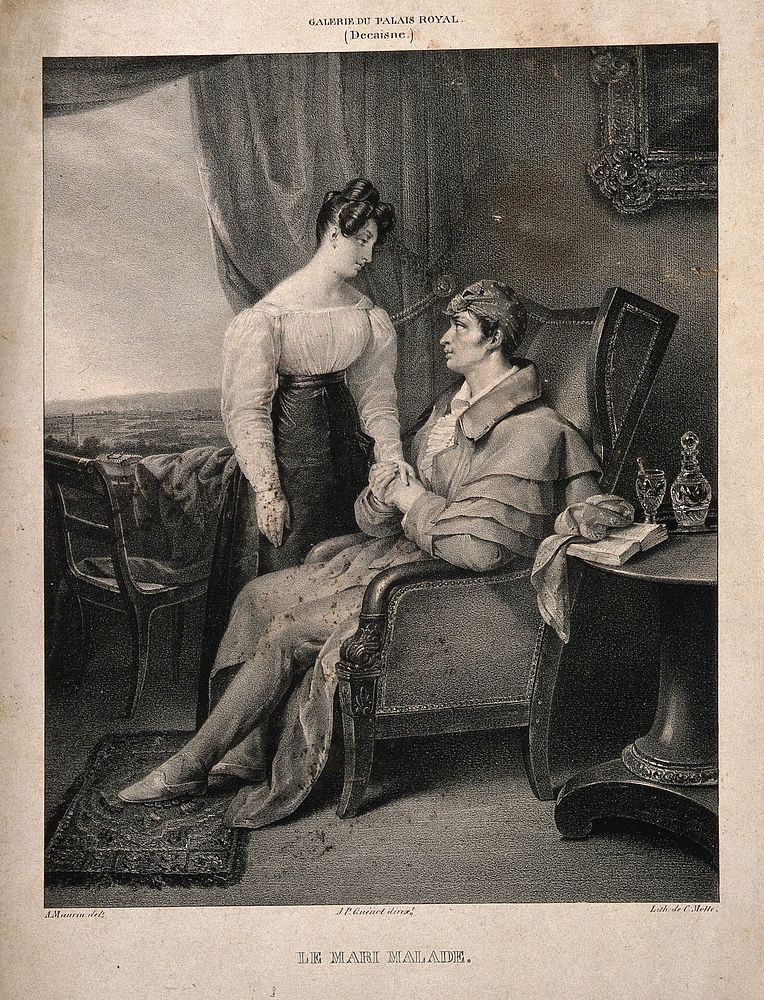 A sick husband holds the hand of his wife. Lithograph by C. Motte after A. Maurin after H. Decaisne, 182-.