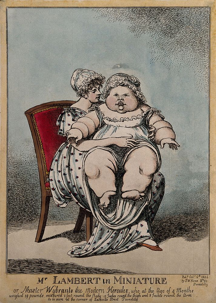 Master Wybrants, an infant weighing 39 pounds, on his mother's knee. Coloured etching by C. Williams, 1806.