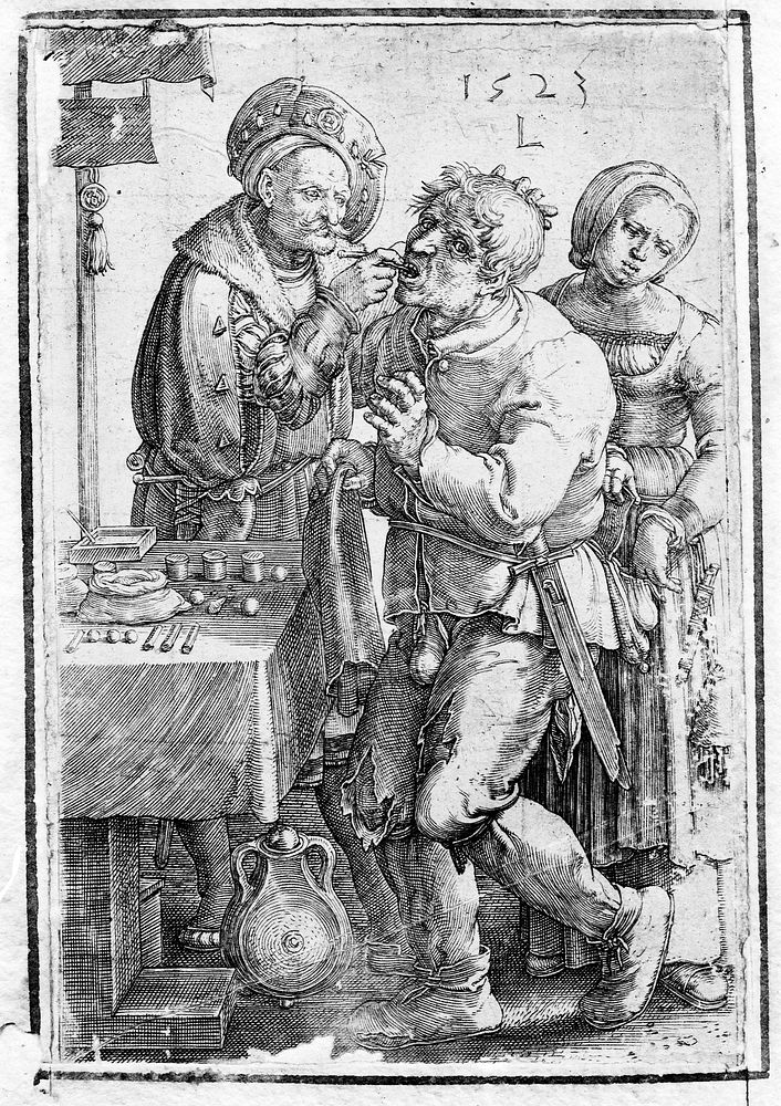 M0005742: A tooth-drawer extracting a tooth from a standing patient, who is being pick-pocketed by a woman