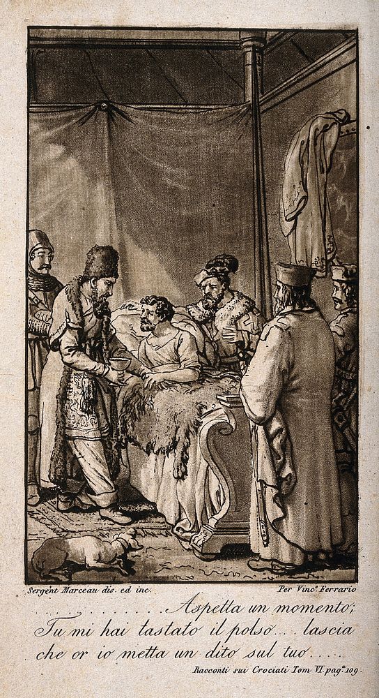 A Saracen physician taking the pulse of a Christian patient who is surrounded by fellow crusaders. Aquatint by S. Marceau…