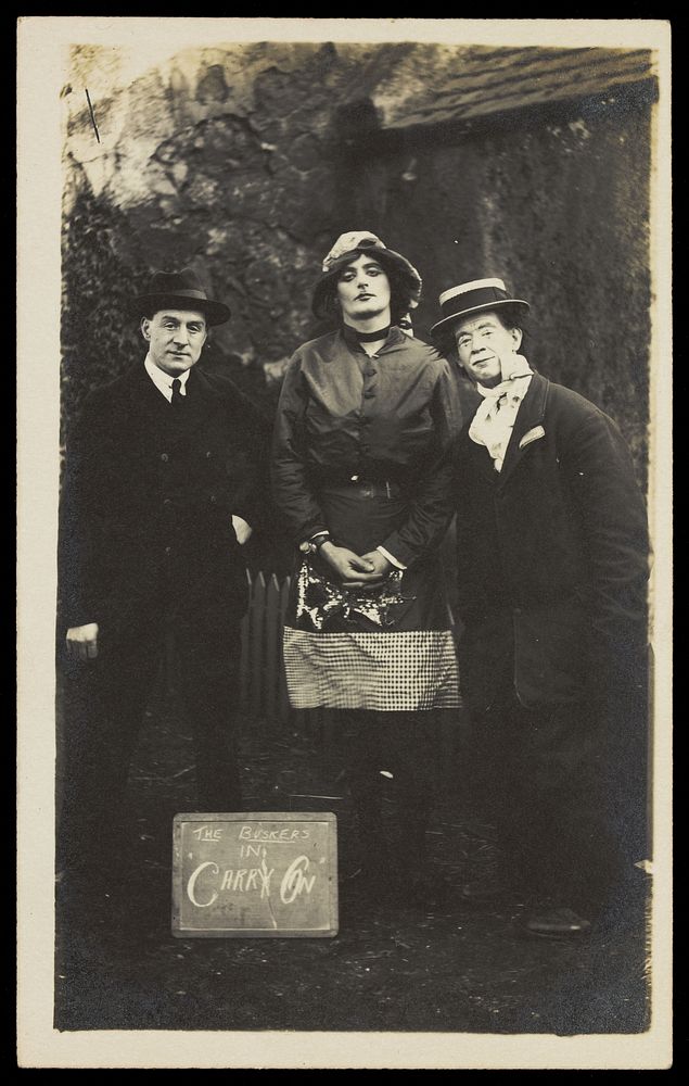 Amateur actors performing "Carry On". Photographic postcard, 191-.