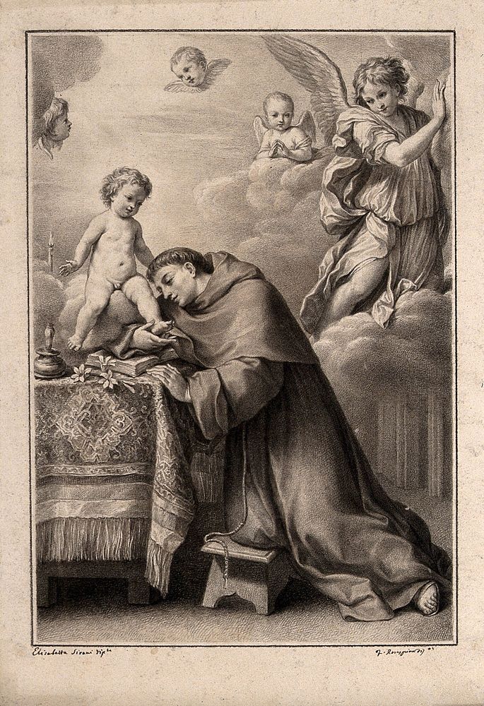 Saint Antony of Padua with the Christ Child and angels. Drawing by F. Rosaspina, c. 1830, after E. Sirani.