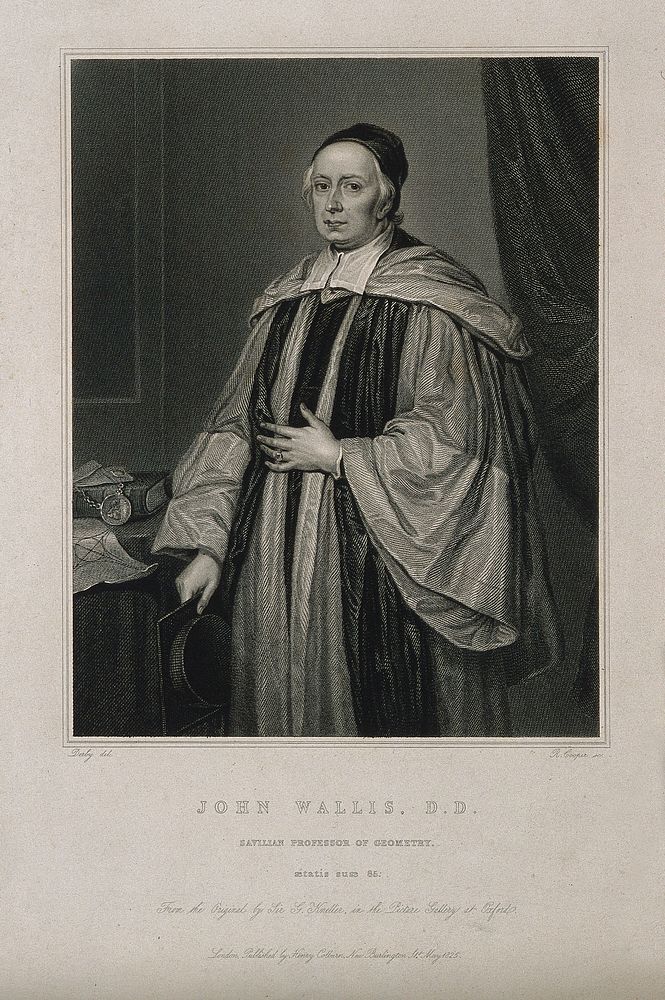 John Wallis. Stipple engraving by R. Cooper, 1825, after W. Derby after Sir G. Kneller, 1701.