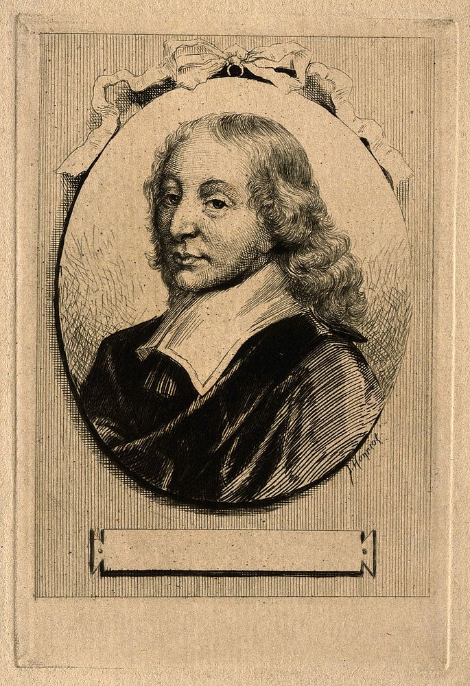 Blaise Pascal. Etching by J. Hanriot after G. Edelinck after F. Quesnel, junior.