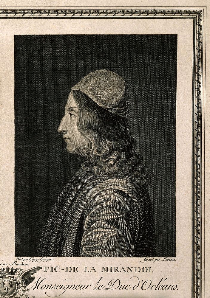 Giovanni Pico della Mirandola [Johannes Picus Mirandulanus]. Line engraving by F.B. Lorieux after L. Beaudouin after a…