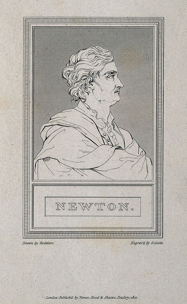 Sir Isaac Newton. Line engraving by G. Cooke, 1807, after J. Roettiers, 1739.