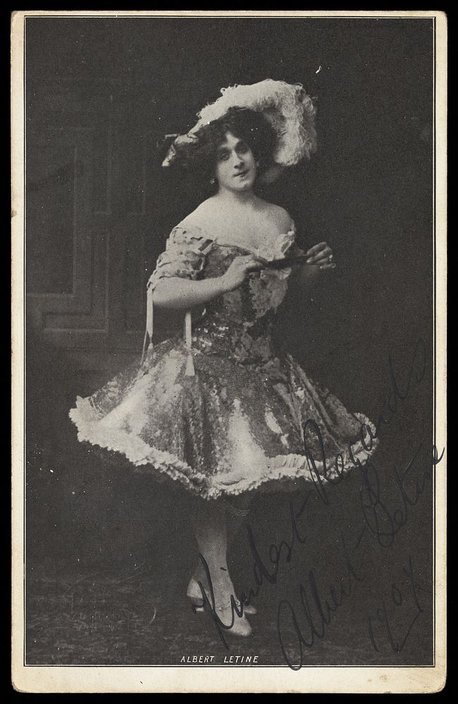 Albert Letine in drag. Postcard, ca. 1907.