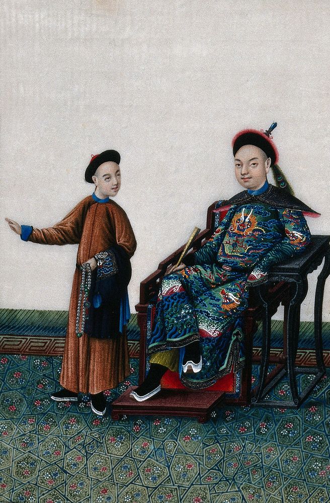 A Chinese high-ranking official dressed in rich silks, seated with attendant. Painting by a Chinese artist, ca. 1850.