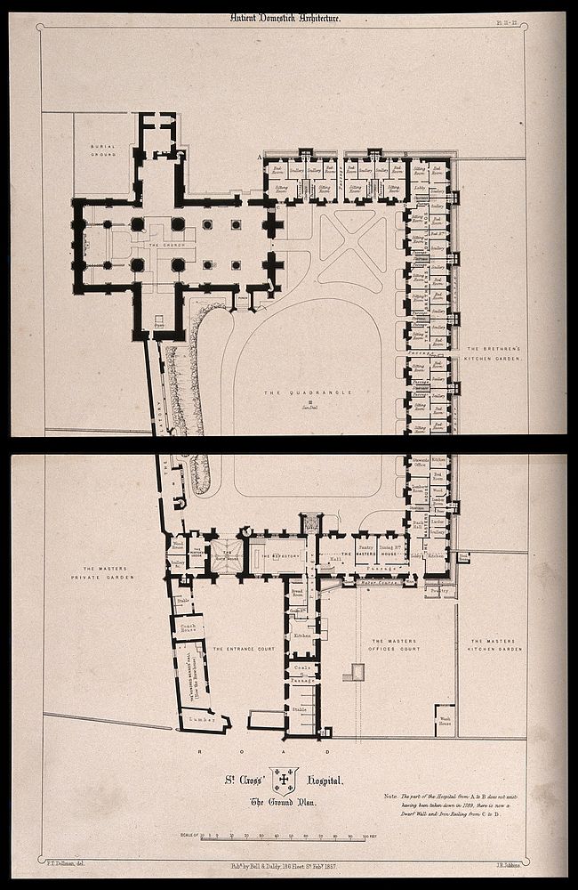 St. Cross Hospital, Winchester, Hampshire: floor plan. Transfer lithograph by J.R. Jobbins, 1857, after F.T. Dollman.