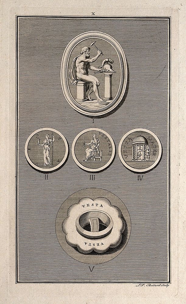 Vulcan [Hephaestus] with the Vestal virgins below. Etching by L.P. Boitard.