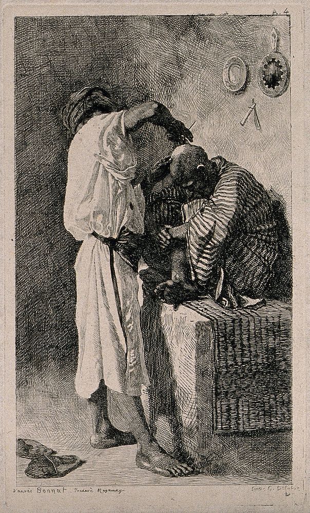 A barber dressing a man's hair. Etching by F. Regamey after L.J. Bonnat.