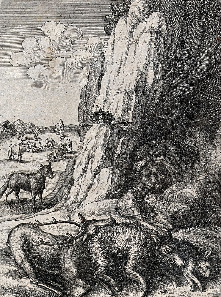A lion devouring its prey in a cave while its crown and sceptre are perched on a rock at the entrance. Etching by W. Hollar…