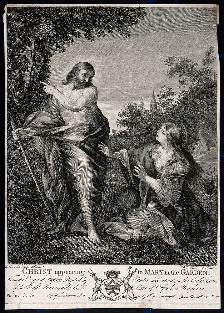 Saint Mary Magdalene reaches out for the risen Christ; he points away. Engraving by W. Walker, c. 1760, after P. da Cortona.
