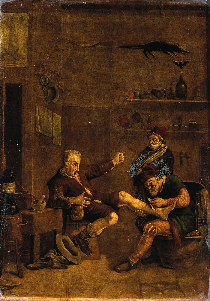 A surgeon treating a man's foot. Mezzotint after a composition ascribed to Johannes Lingelbach.
