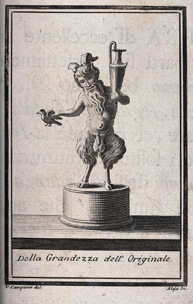 A satyr standing on a plinth holding a jug in one hand and a bird in the other. Engraving by V. Campana after Aloja.