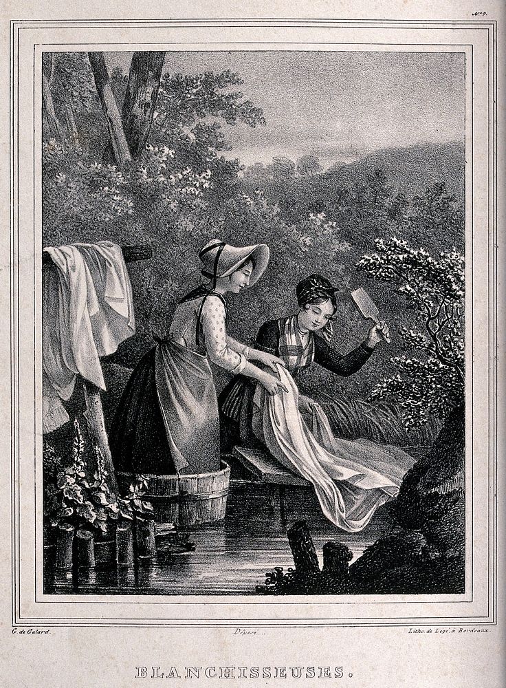 Two woman of Bordeaux washing clothes in a river; one is holding the sheet while the other beats it with a wooden paddle.…