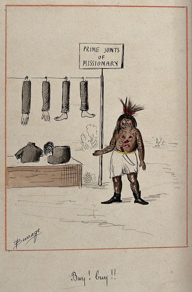 A cannibal market trader is offering the limbs of missionaries for sale as food. Drawing attributed to Edwin Harcourt…