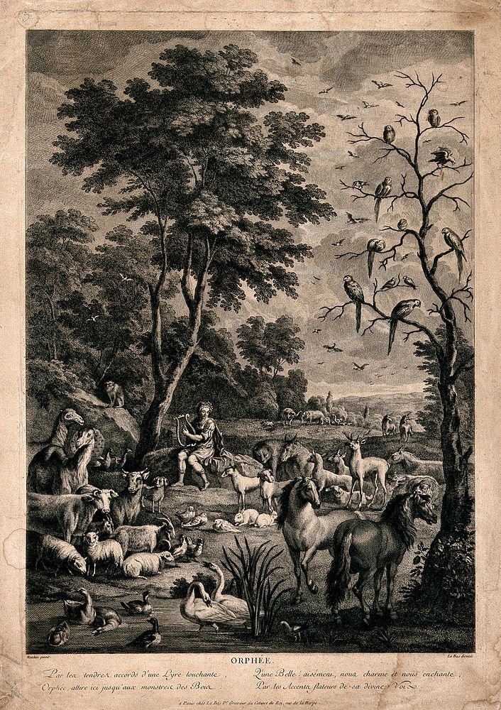 Orpheus charming the animals with music. Engraving by J.P. Le Bas after A. Hondius.