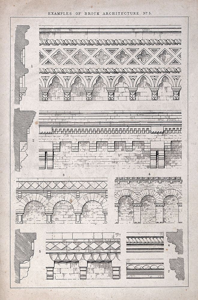 Building: specimens of decorative brickwork. Engraving.