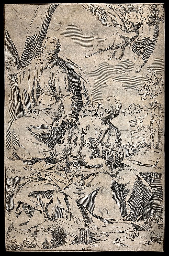 Saint Mary (the Blessed Virgin) with Saint Joseph and the Christ Child, in a rest on their flight into Egypt. Etching after…