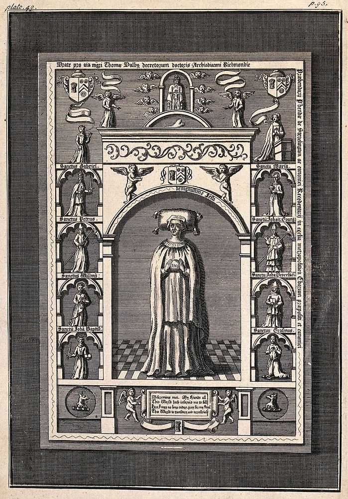 Thomas Dalby, Archdeacon of Richmond, surrounded by saints in separate niches. Engraving.
