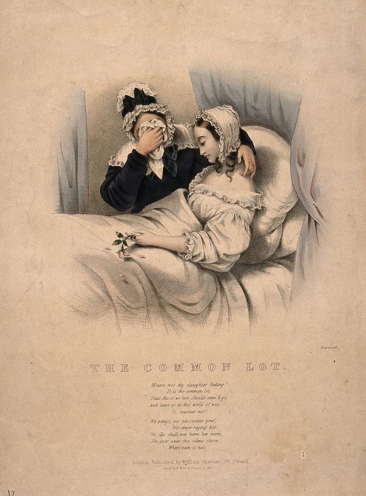 A mother cries in grief while comforting her dying daughter, who holds a rosebud with falling petals. Coloured lithograph by…
