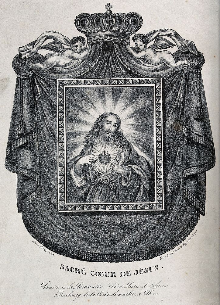 An image of Christ showing his Sacred Heart is crowned by angels. Lithograph.