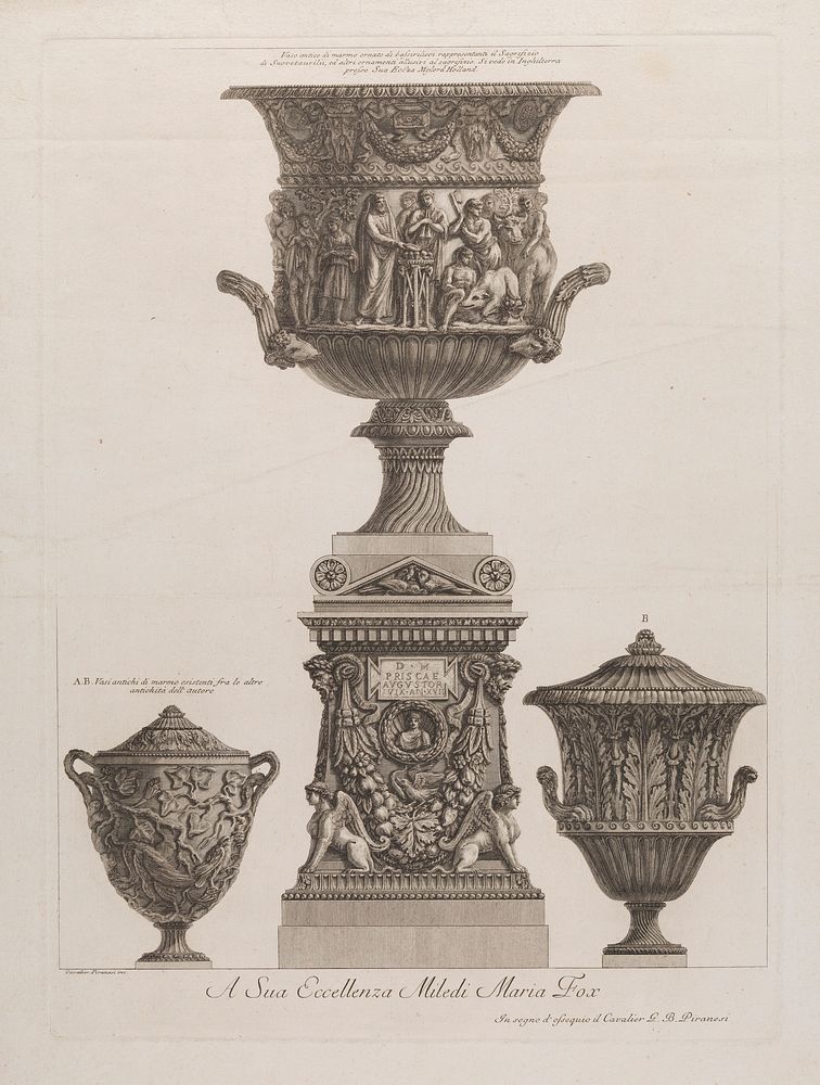 Three marble vases and a sarcophagus. Etching by G.B. Piranesi, ca. 1770.
