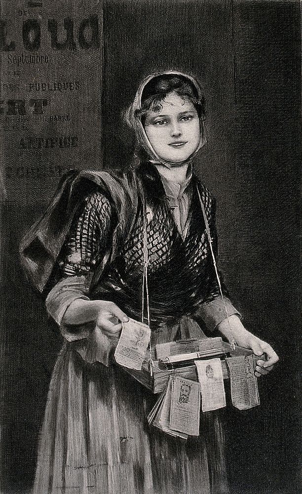 A young woman carrying a tray of small pamphlets holds one out for sale. Photogravure by Gebbie & Husson after C. Fould.