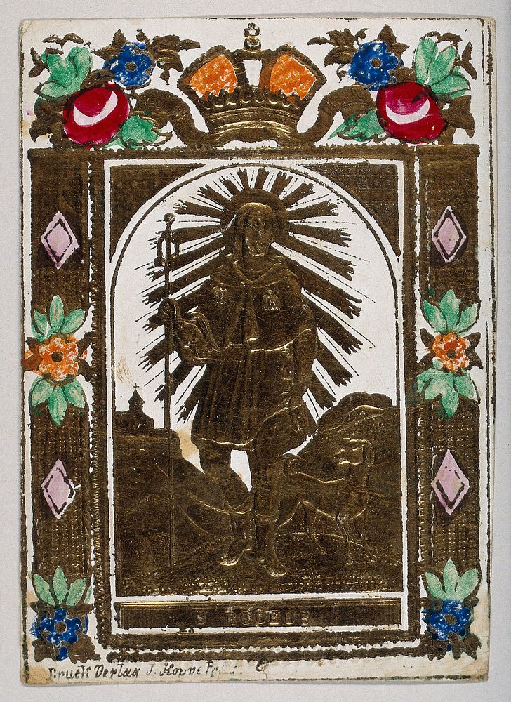 Saint Roch. Coloured embossed woodcut.