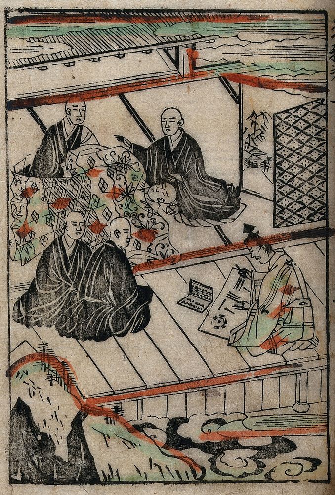 Abe no Seimei, the Taoist astrologer, foretells the imminent death of the priest Chika, at his bedside; a young monk, Shoku…