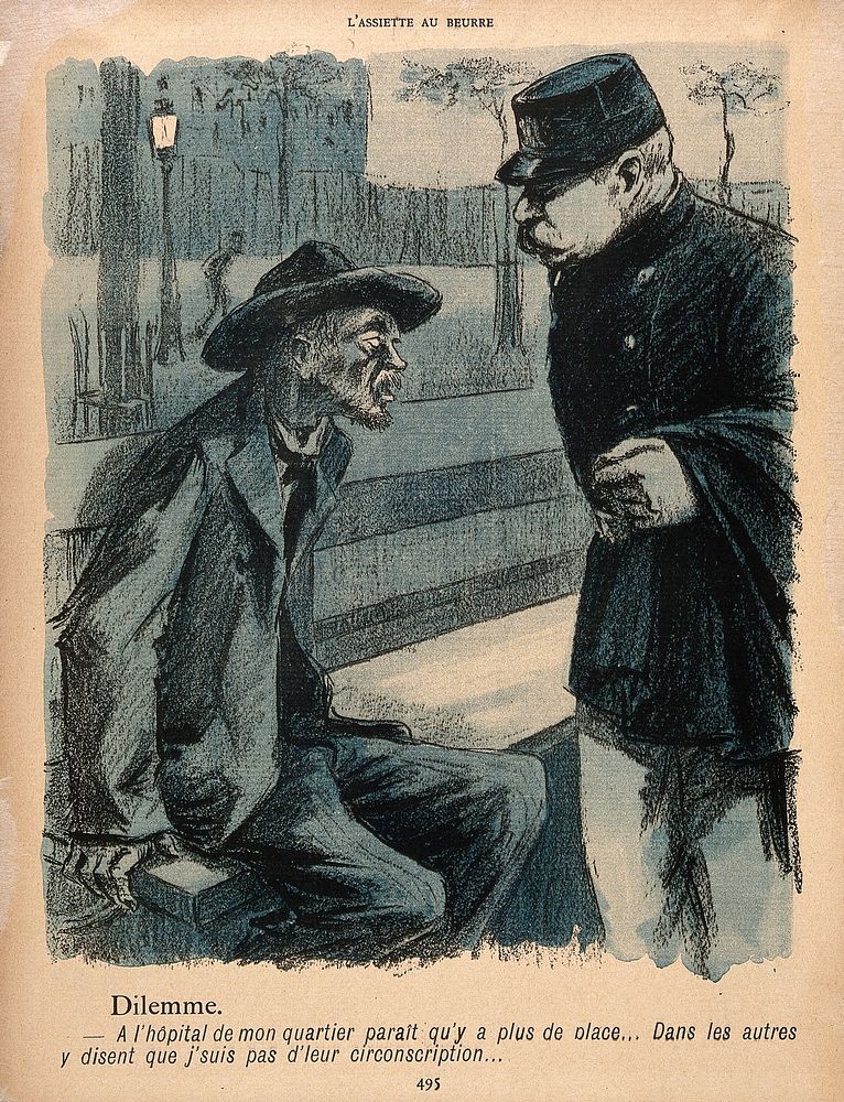 A man on a bench tells a policeman that his local hospital has no room for him, while other hospitals cannot help him…
