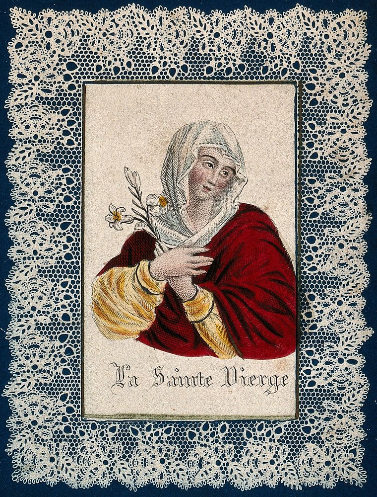 Saint Mary (the Blessed Virgin). Coloured reproduction of an engraving.